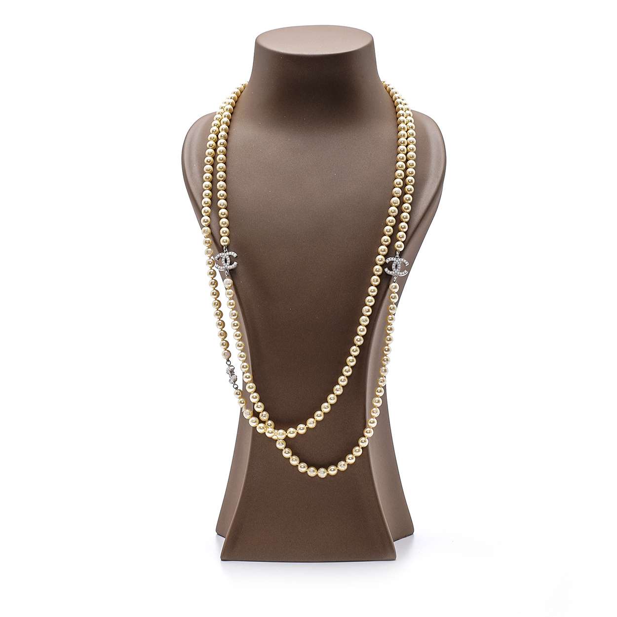 Chanel - 3 Silver Pearl Encrusted Cc Extra Long Pearl Necklace 